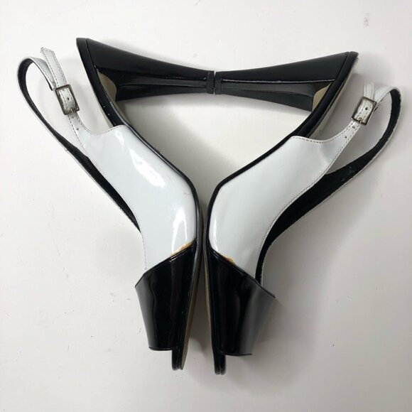 PIERRE DUMAS Black White Colorblock Slingback Peep-toe Slingback Heels Shoes - Picture 3 of 14